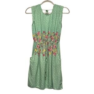 Mint Floral Dress Elastic Waist Flowy Sundress Small Pockets Fairy Whimsy Garden